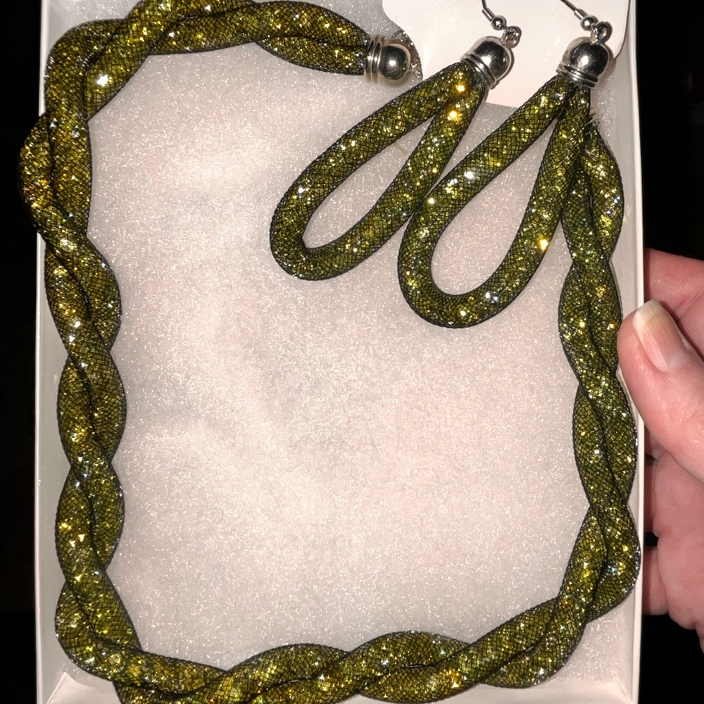 Green Mesh Earrings and Necklace Jewelry Set